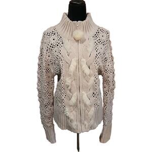 Great Cavalier by St Paul Womens Crochet Cardigan Sz L Ivory Full Zip Fur Detail